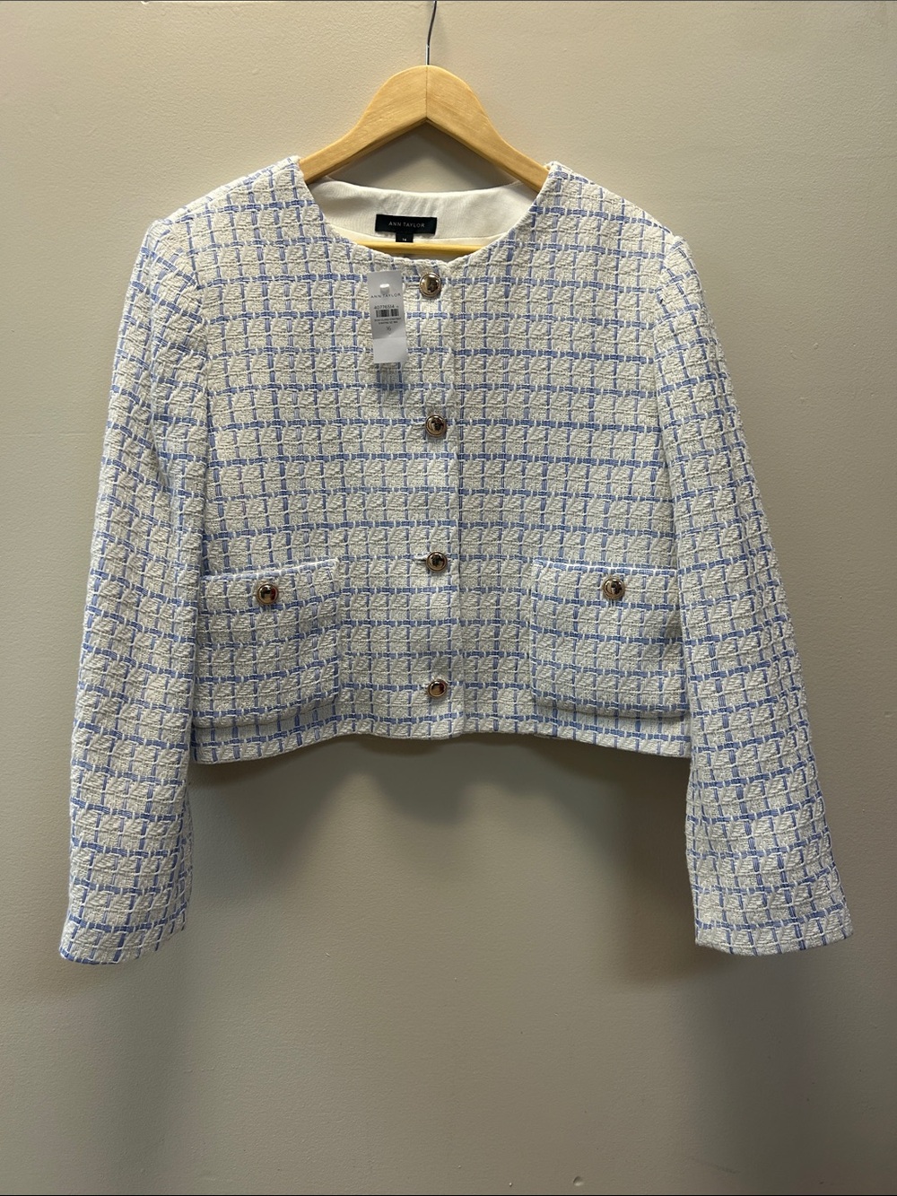 Ann Taylor White and Light Blue Tweed Cropped Blazer